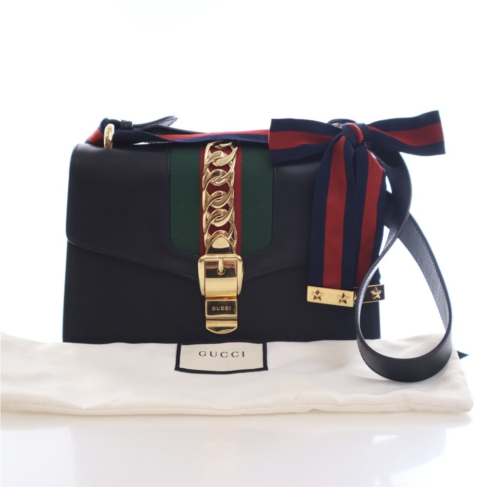 Gucci Sylvie Black and Green Shoulder Bag with Gold Accents